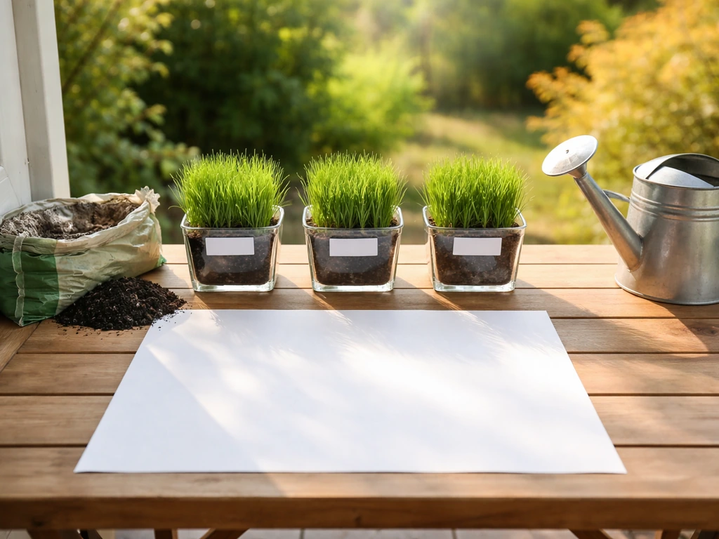 Trois pots de gazon sur une table, avec terreau, pour illustrer des régions françaises et des choix d’espèces.