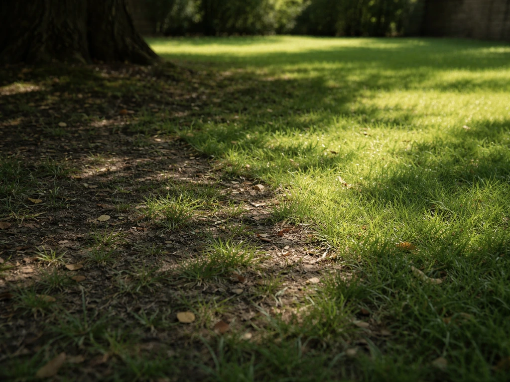 Pelouse en zone d’ombre sous un arbre, avec une limite nette entre ombre et soleil.