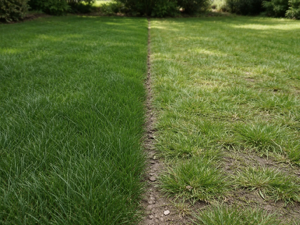 Comparaison visuelle de deux pelouses : ombre avec graminées fines vs mélange standard plus clairsemé.