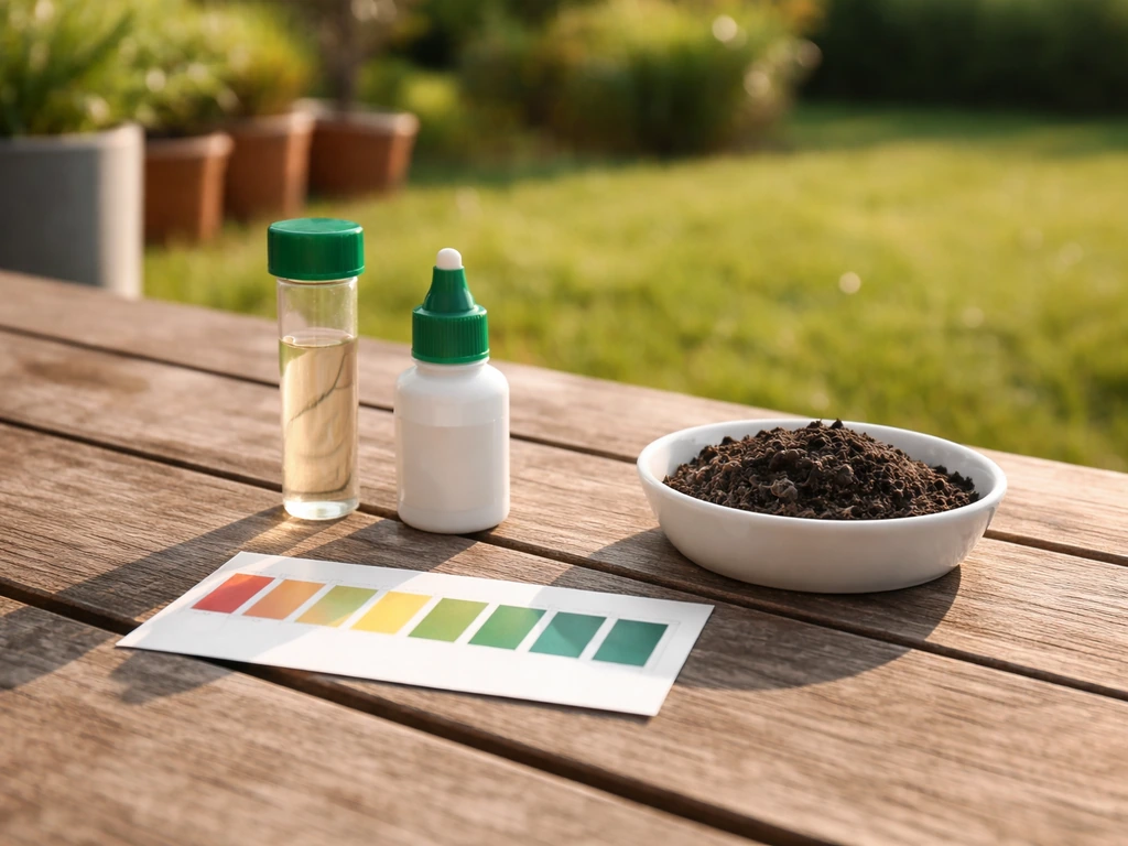 Kit de test de pH du sol pour gazon sur une table de jardin, avec réactif et étiquette de couleur.