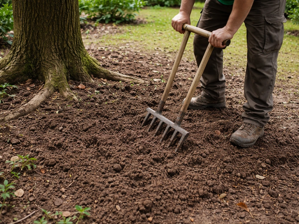 Jardinier travaillant la terre près des racines d’un grand arbre avec un outil manuel, sol aéré et décompacté