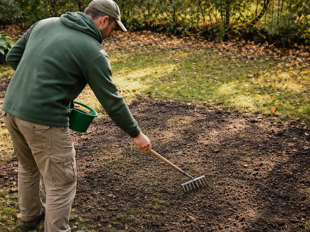 Geste de semis : épandage puis recouvrement léger de graines de gazon sur une zone scarifiée, jardin à l’ombre.