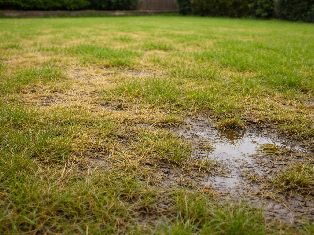 Pelouse jaunie et détrempée, sol humide entre les brins d’herbe suggérant un sur-arrosage.