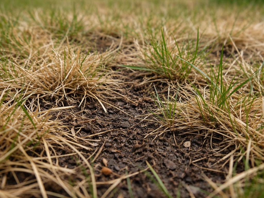 Gazon au ras du sol : brins jaunis, zones irrégulières et base des herbes affaiblie, sol humide visible.