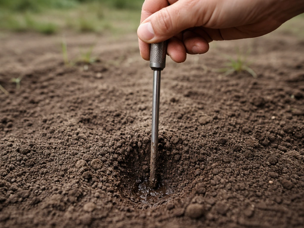 Main tenant un tournevis enfoncé dans la terre, lumière naturelle, sol nu pour vérifier l’humidité à 10–15 cm.
