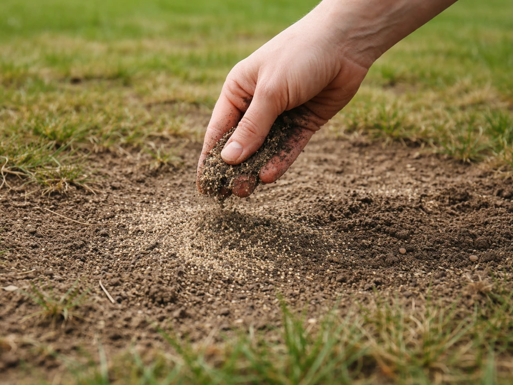 Main répandant un mélange terreau-sable 50/50 sur une zone de pelouse abîmée pour regarnir.