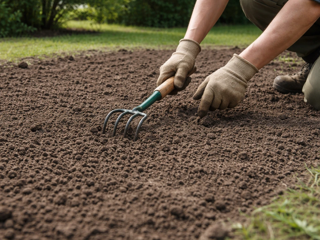 Terre argileuse finement travaillée et humide dans un jardin, avec une main anonyme préparant le sol
