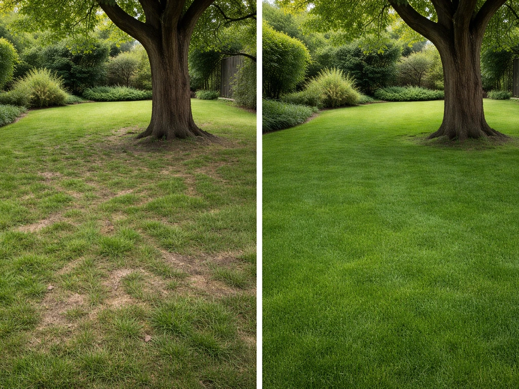 Pelouse plus régulière au pied d’un arbre, comparaison avant/après dans un jardin familial au calme