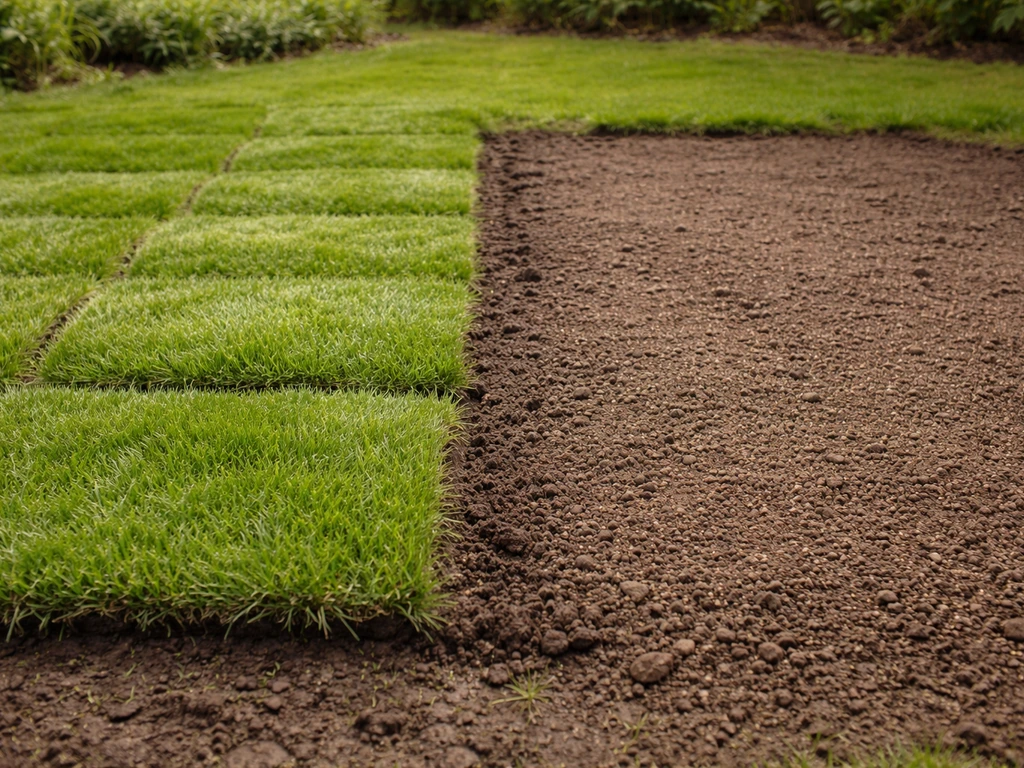 Comparaison jardin : rouleaux de gazon posés et, à côté, zone de semis fraîchement recouverte sur sol argileux.