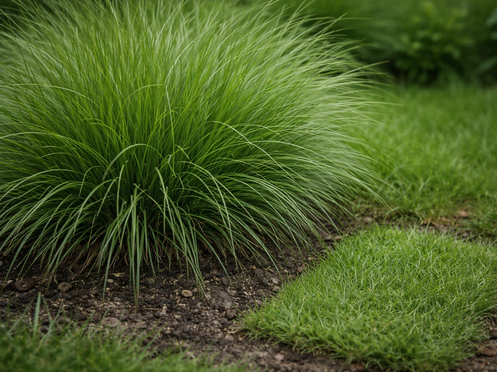 Gros plan de fétuque élevée avec feuilles fines et touffes denses, aspect vert dense, sol de jardin visible.