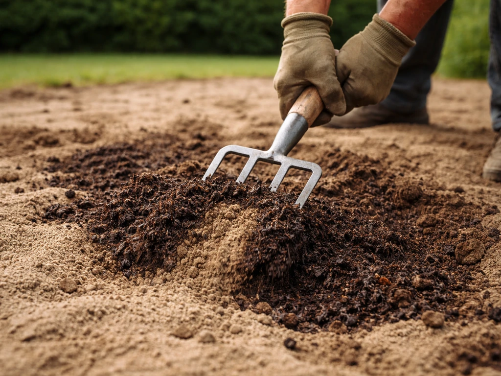 Mains incorporant du compost dans un sol sableux, texture drainante visible et matière organique mélangée.