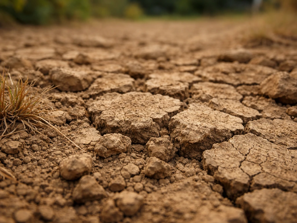 Vue rapprochée d’un sol argileux sec, mottes compactes et fissures, avant des travaux de jardin