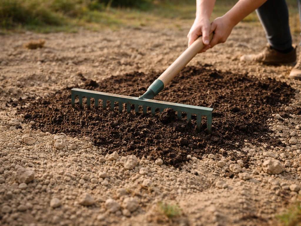 Compost mûr étalé au râteau sur une zone de sol dégradé et sec, mains anonymes visibles.