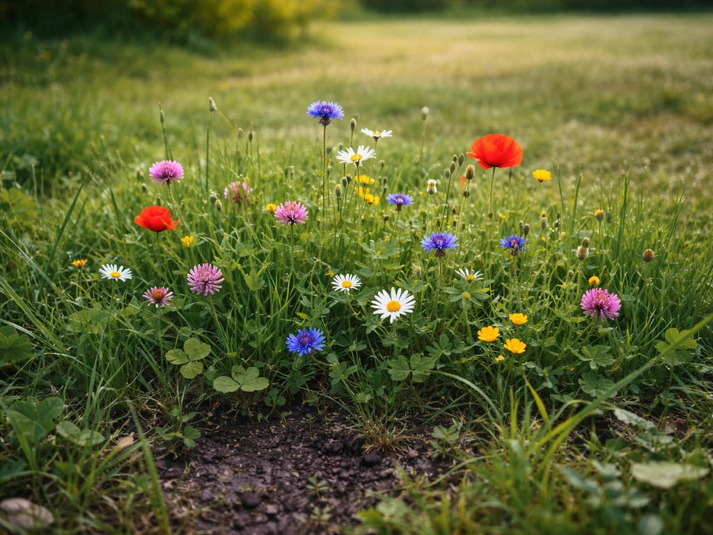 Une prairie fleurie dense et colorée, contrastant avec une zone d’herbe plus sèche et clairsemée en arrière-plan.
