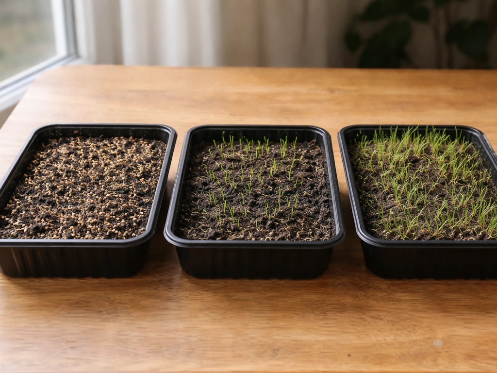 Trois bacs de terre côte à côte illustrant : graines sans germination, pousses faibles, et gazon clairsemé qui peine.