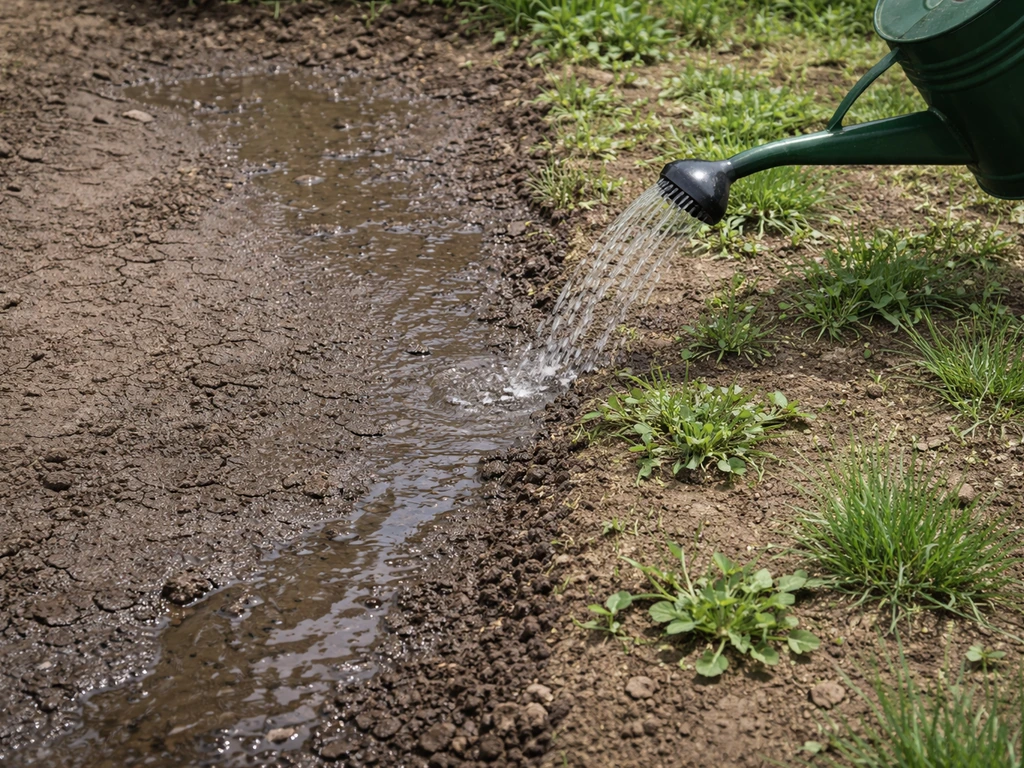 Sol compacté avec eau qui stagne un peu, mauvaises herbes près de la terre, sol plus meuble à côté.