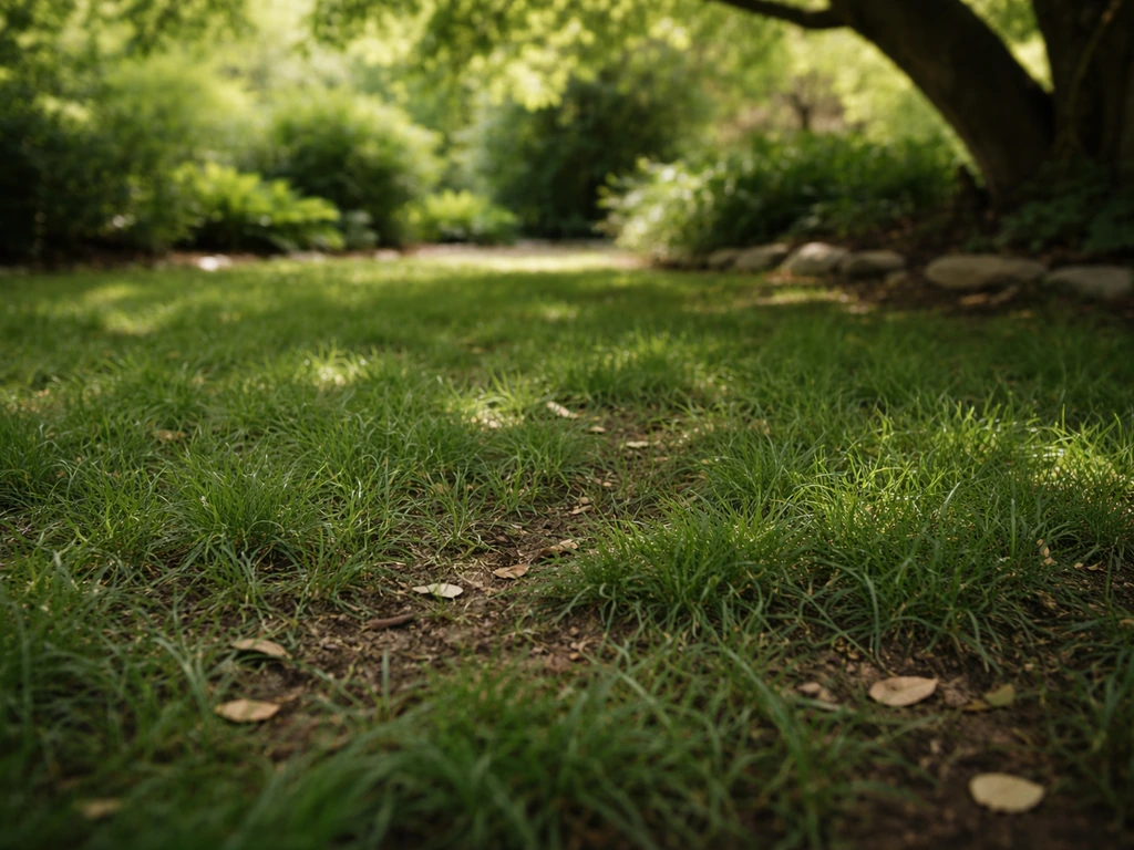 Jardin français sous un arbre avec un gazon d’ombre partiellement dense, brins verts et ambiance naturelle