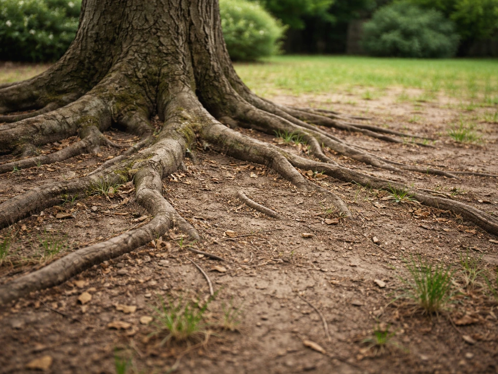 Racines superficielles d’un arbre au ras du sol, pelouse clairsemée autour d’une zone de sol difficile.