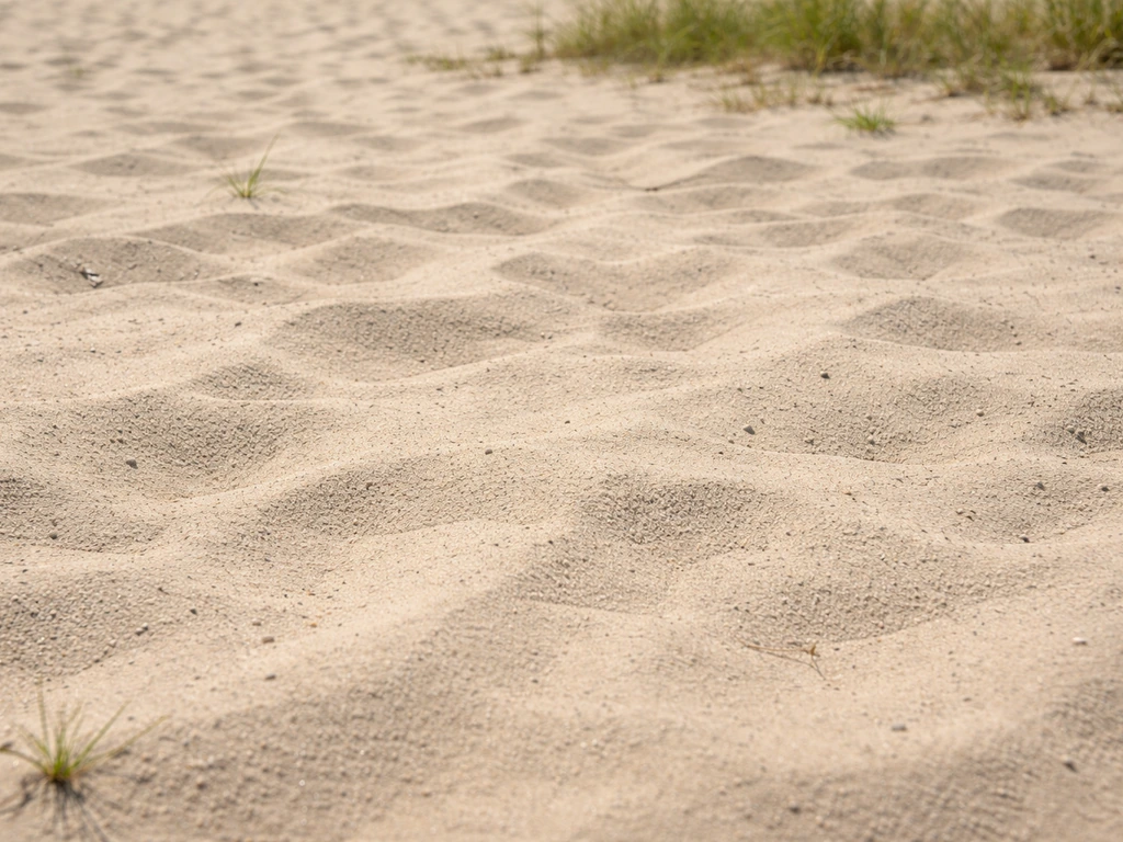 Terrain sableux beige/gris clair, texture visible, en plein soleil avec végétation basse en arrière-plan