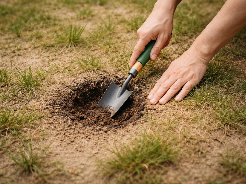 Pelouse jaune sur sol sableux avec un petit trou creusé (5-6 cm) révélant le sable sous l’herbe.