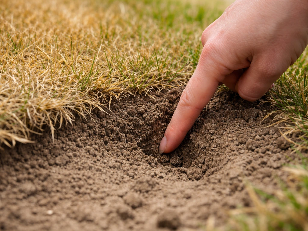Gros plan sur un doigt enfoncé dans le sol sous une pelouse jaunie, pour tester la sécheresse à 5 cm.