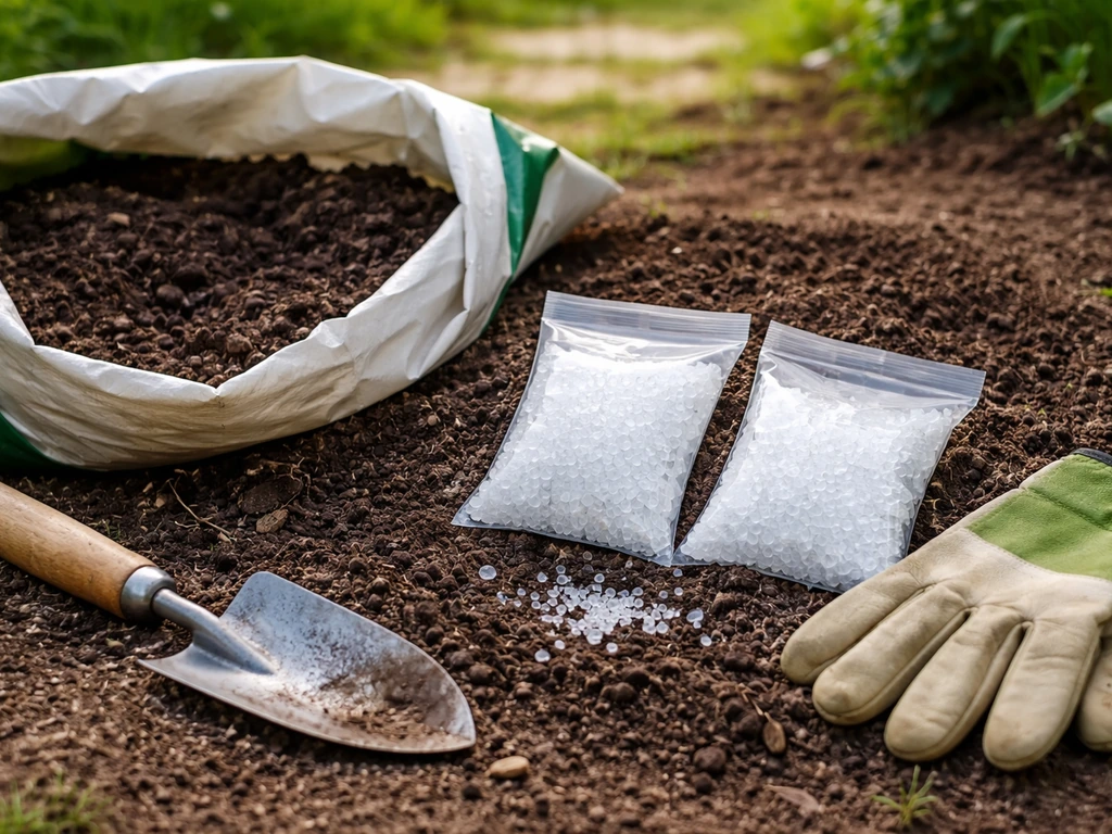 Deux sachets de cristaux absorbants au terreau, gants et pelle près d’un jardin, lumière naturelle