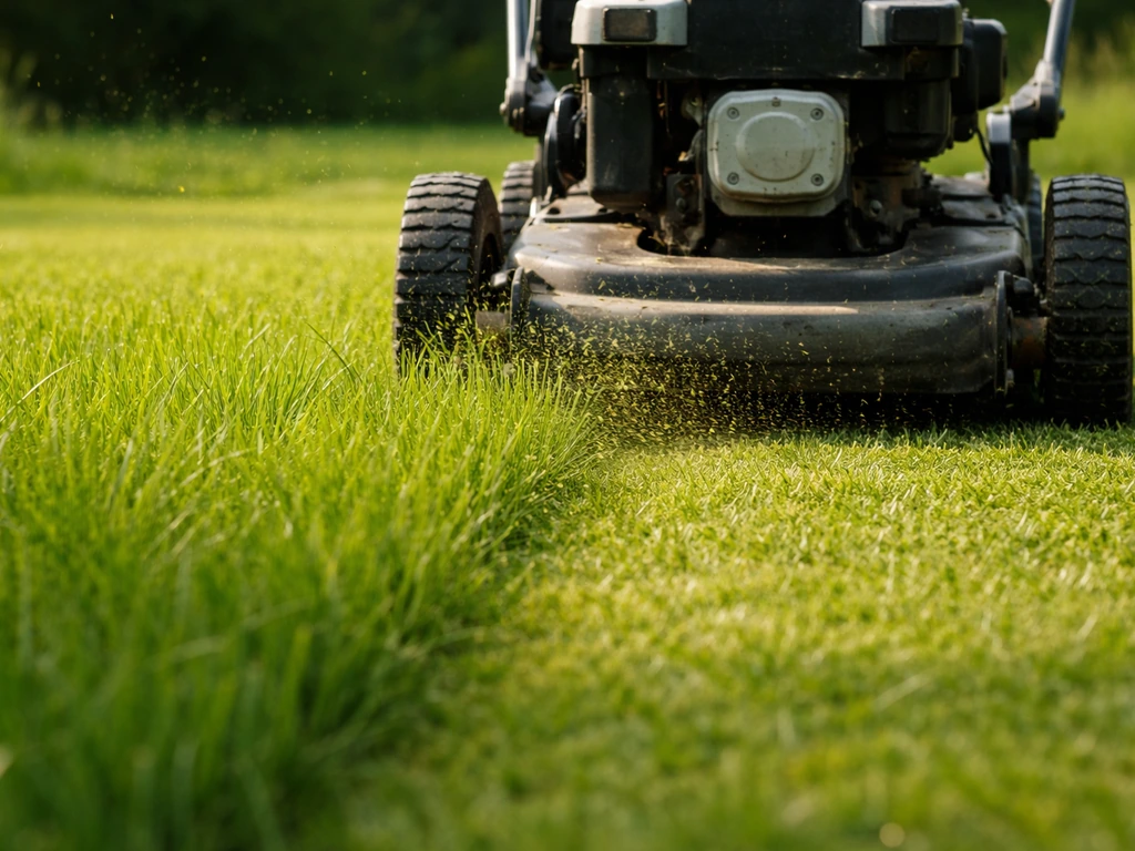 Tondeuse en action sur une pelouse d’été, herbe réglée plus haute pour protéger des fortes chaleurs.