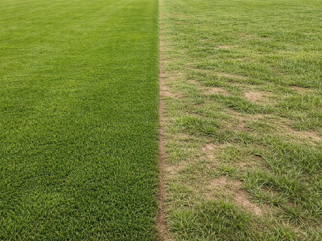 Comparaison côte à côte : gazon ornemental intact contre gazon de sport piétiné et aplati.