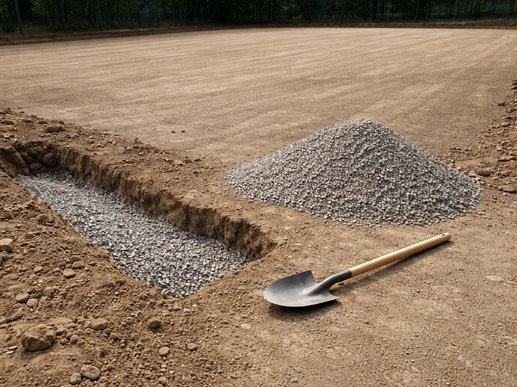Tranchée de drainage avec gravier et sol nivelé prêt à recevoir le gazon, vue chantier minimal.