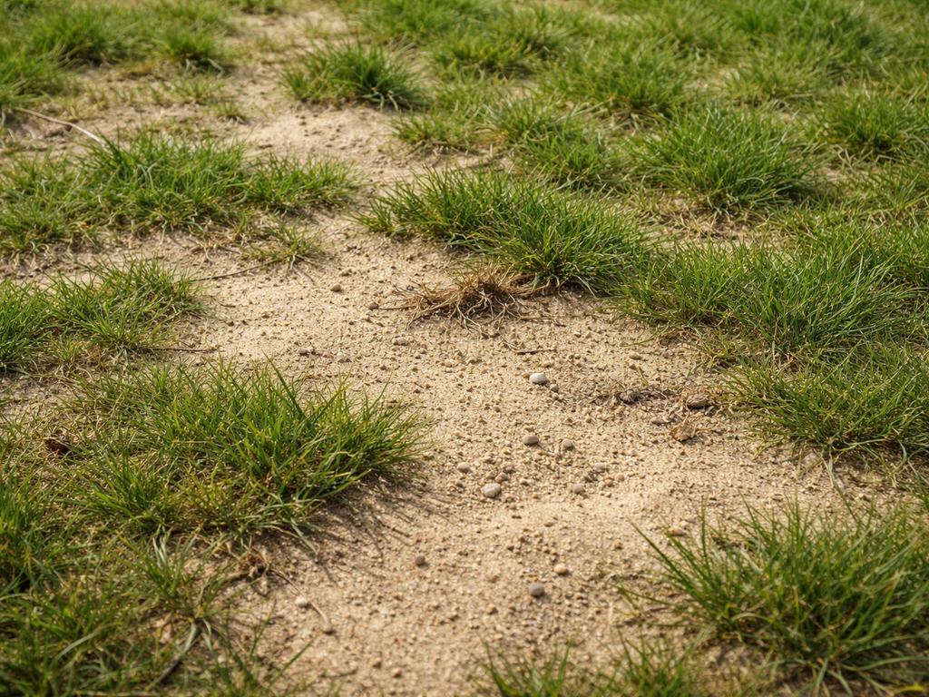 Pelouse clairsemée sur sol sablonneux, avec zones sèches et déchaussement local visible.
