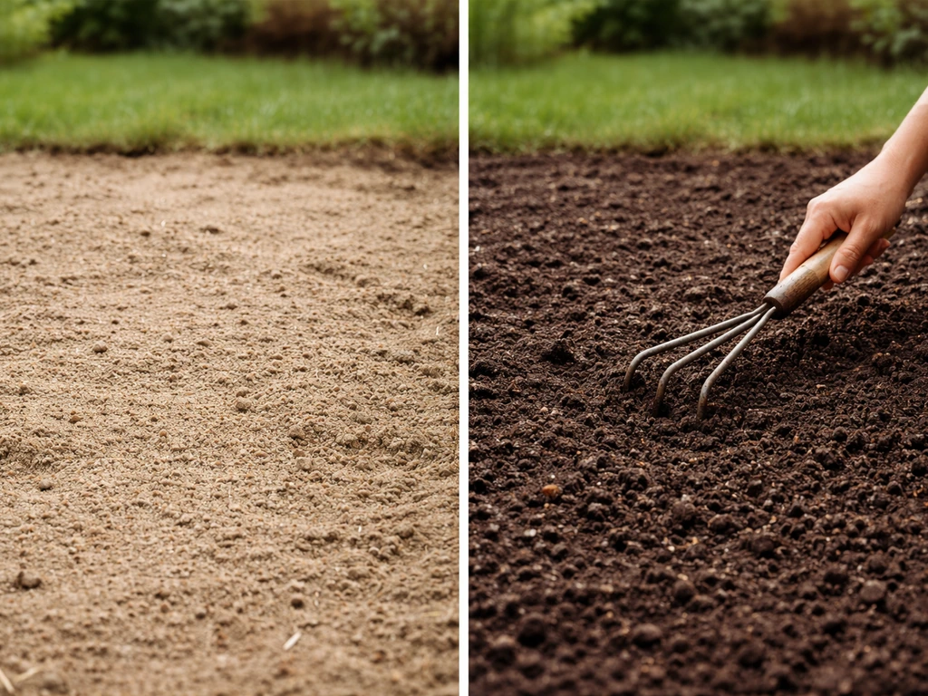 Comparaison côte à côte : sable clair avant et surface plus sombre après compost mûr incorporé.