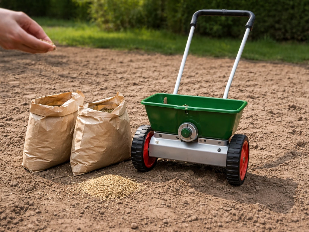 Semences de graminées en sacs, étiquettes visibles, semoir réglé sur un sol sableux au jardin.