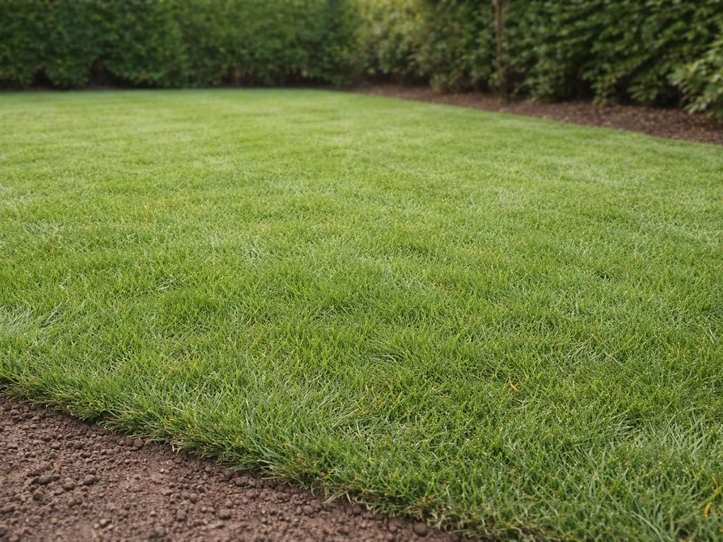 Vue large d’un gazon rustique dense et vert dans un jardin, sol bien préparé, éclairage naturel.