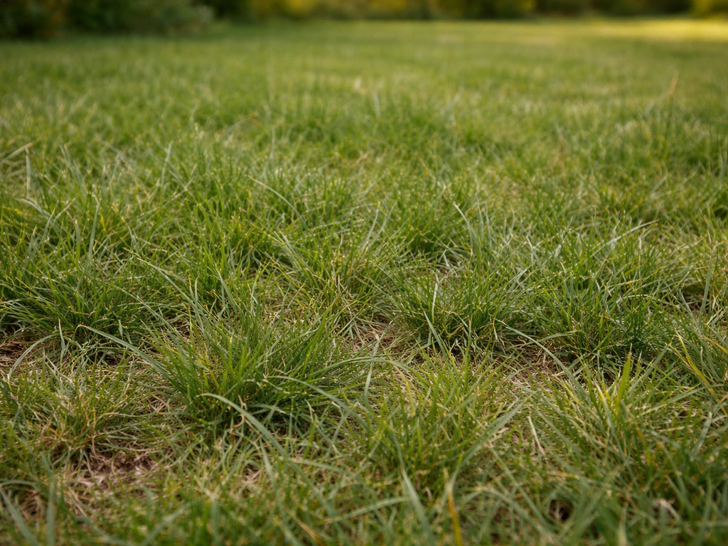 Gros plan d’une pelouse rustique française avec ray-grass et fétuques, texture dense et naturelle au sol.