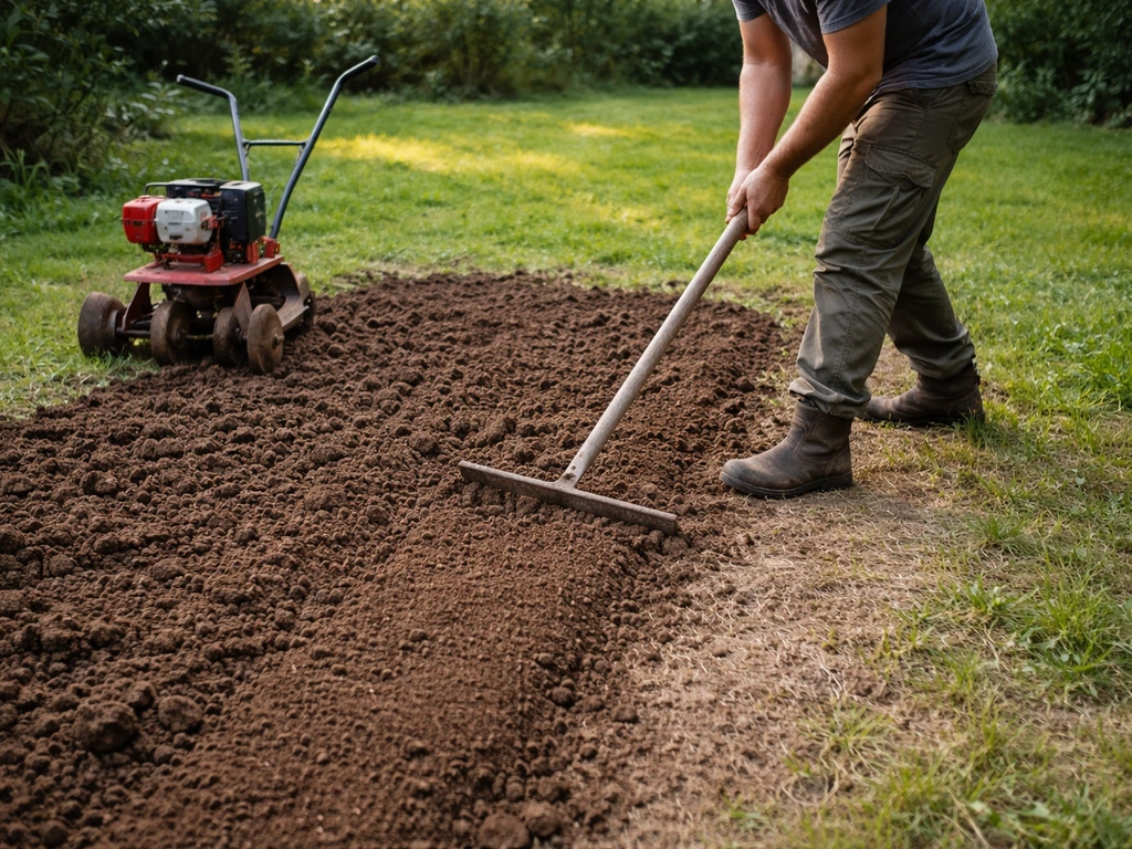 Jardinier retravaillant la terre avec une bêche et un rotavateur, puis nivelant pour préparer le semis de gazon.
