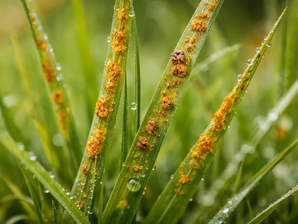 Gros plan sur des pustules orange à brun-rouille sur des brins d’herbe, aspect “avant traitement”.