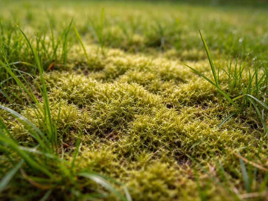 Gros plan sur un gazon envahi par la mousse entre les brins d’herbe, texture humide et verdâtre.