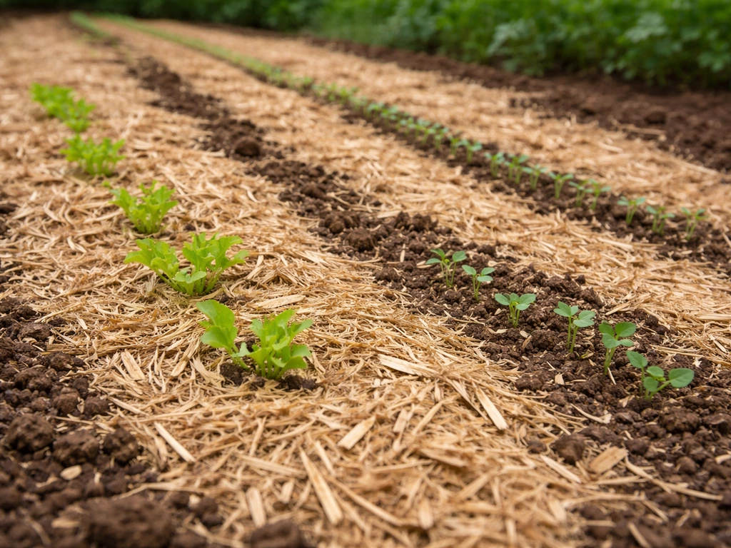 Paillage de paille courte et graines visibles juste après semis sur une terre de jardin préparée