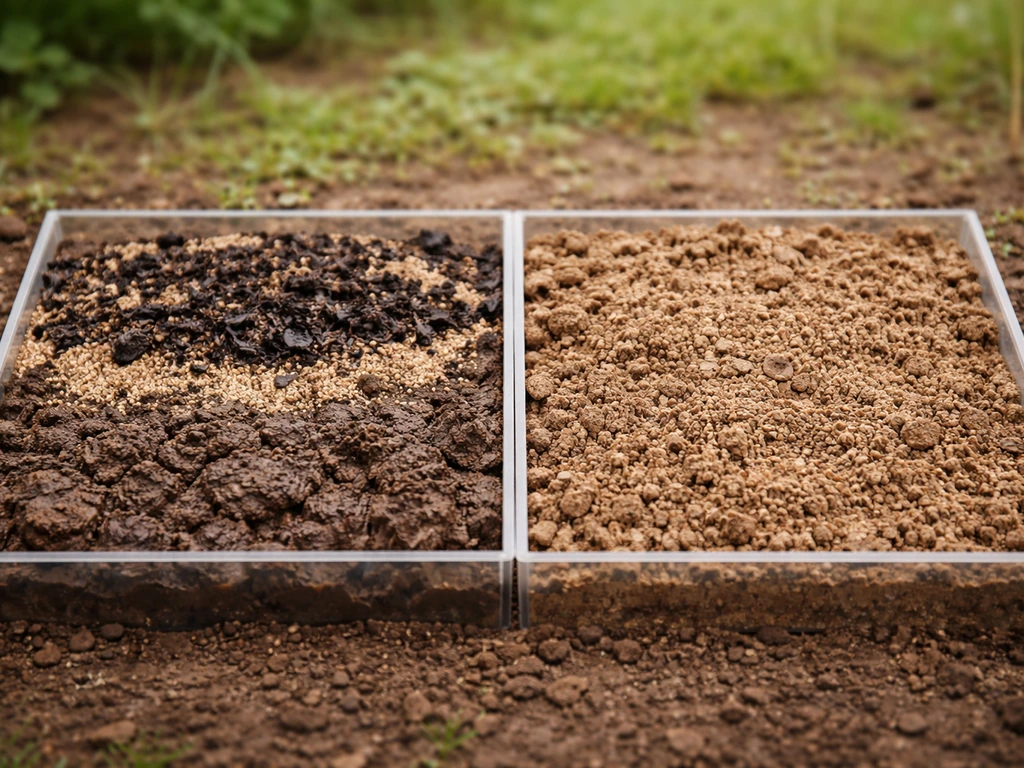 Comparaison de deux sols au jardin : argile avec sable et compost, sableux plus clair, sans personne visible.