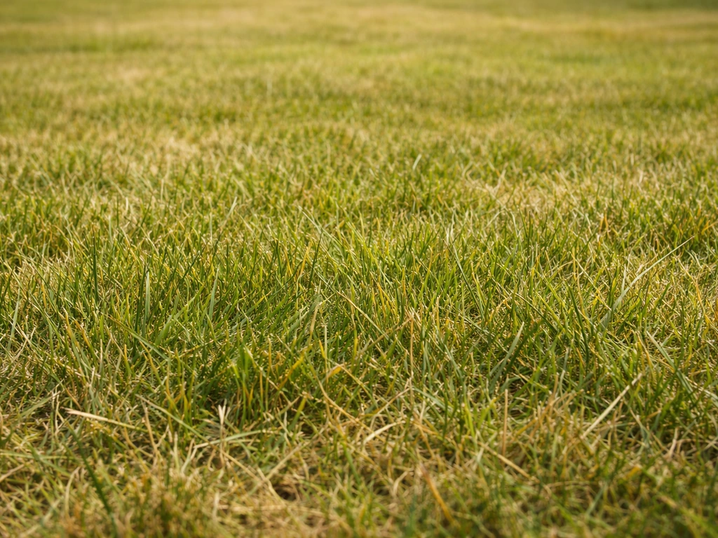 Pelouse laissée plus haute (6–7 cm) après tonte en période sèche, texture de l’herbe au premier plan.