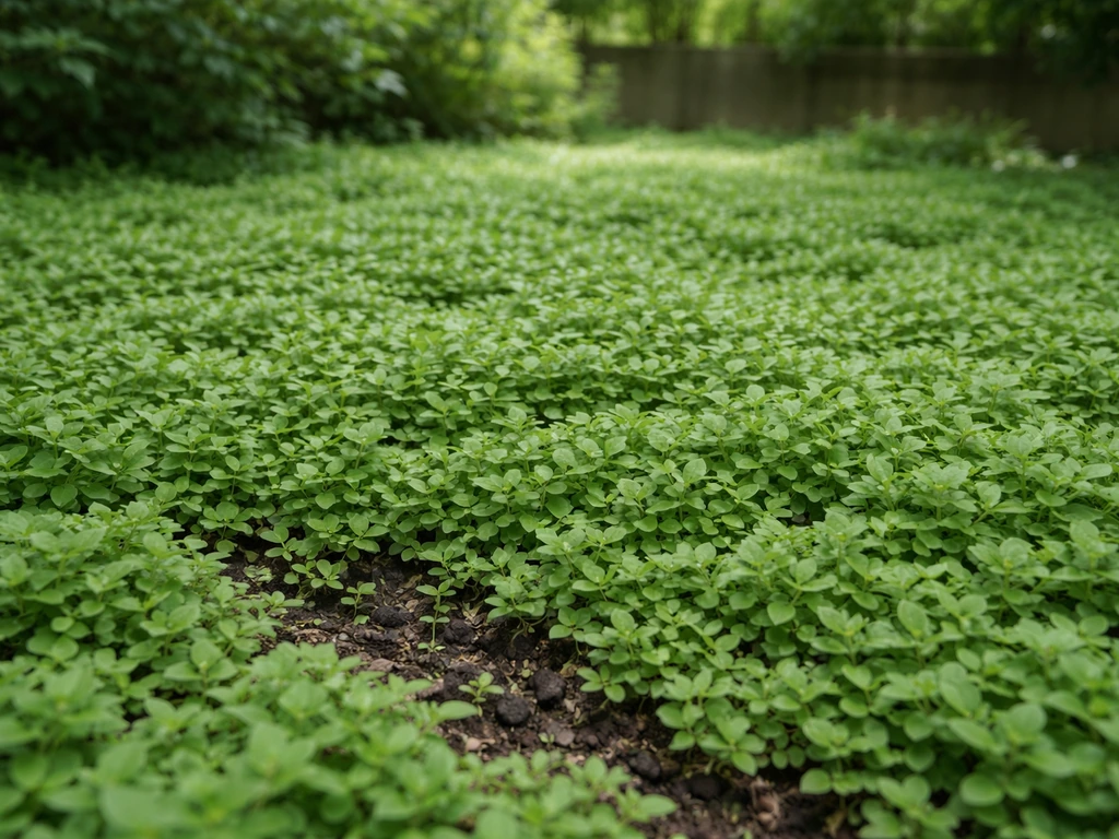 Zone de jardin couverte par un tapis de couvre-sols verts denses, pour verdir sans arroser.