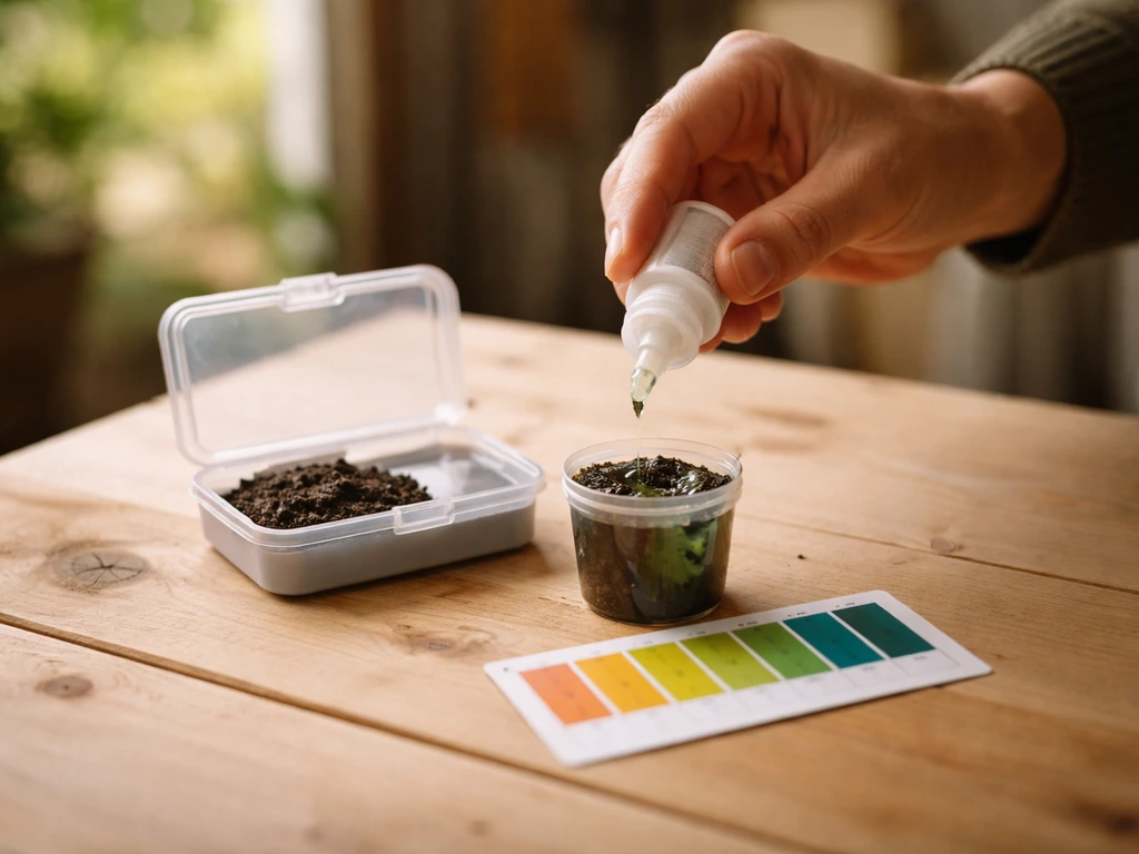 Kit de mesure du pH du sol avec échantillon de terre et test colorimétrique, sur une table en bois.