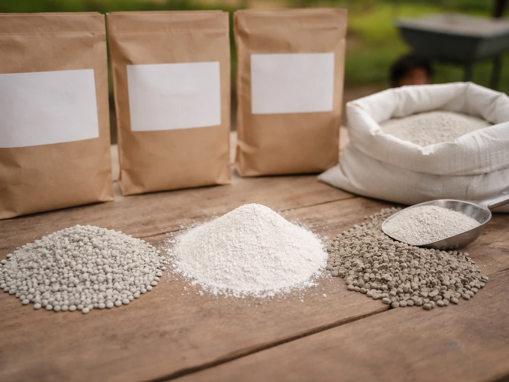 Gros plan sur trois produits de chaulage aux textures différentes, montrés sur une table agricole, sans texte lisible.