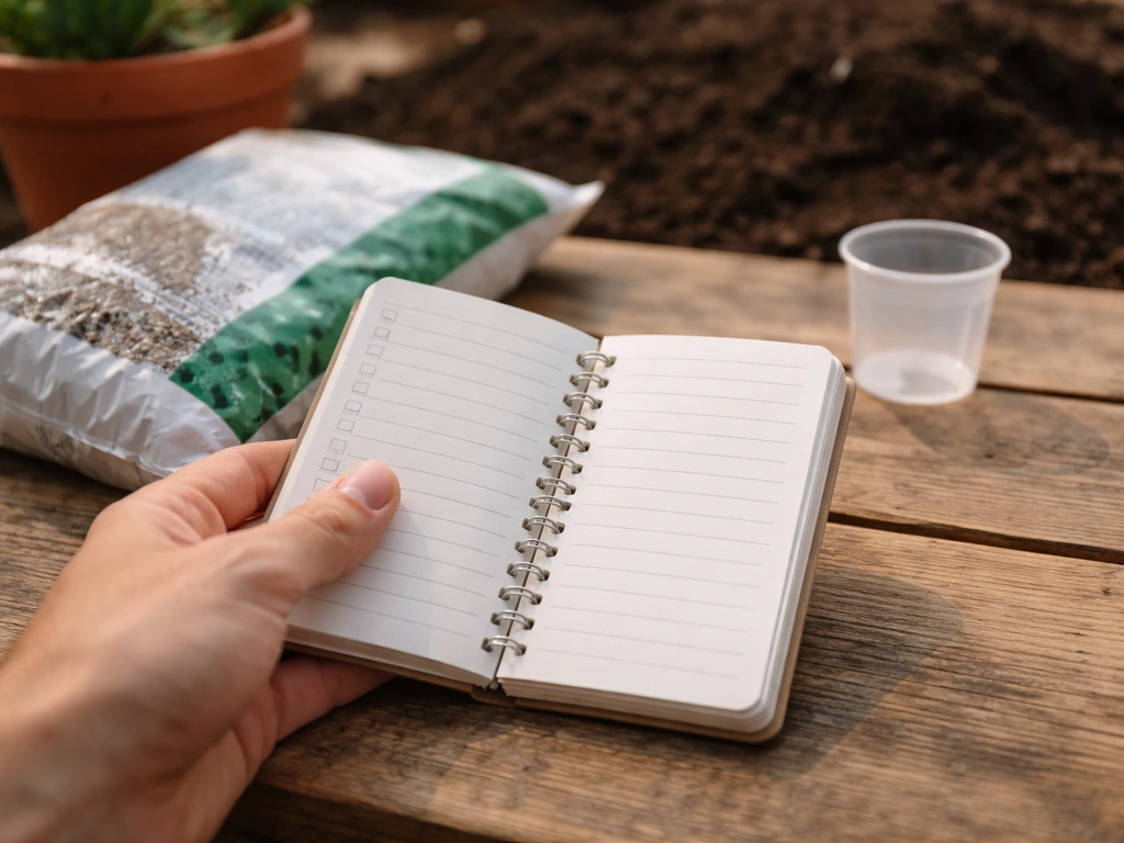 Main tenant un carnet ouvert sur une table, avec engrais et verre doseur, ambiance suivi au jardin.