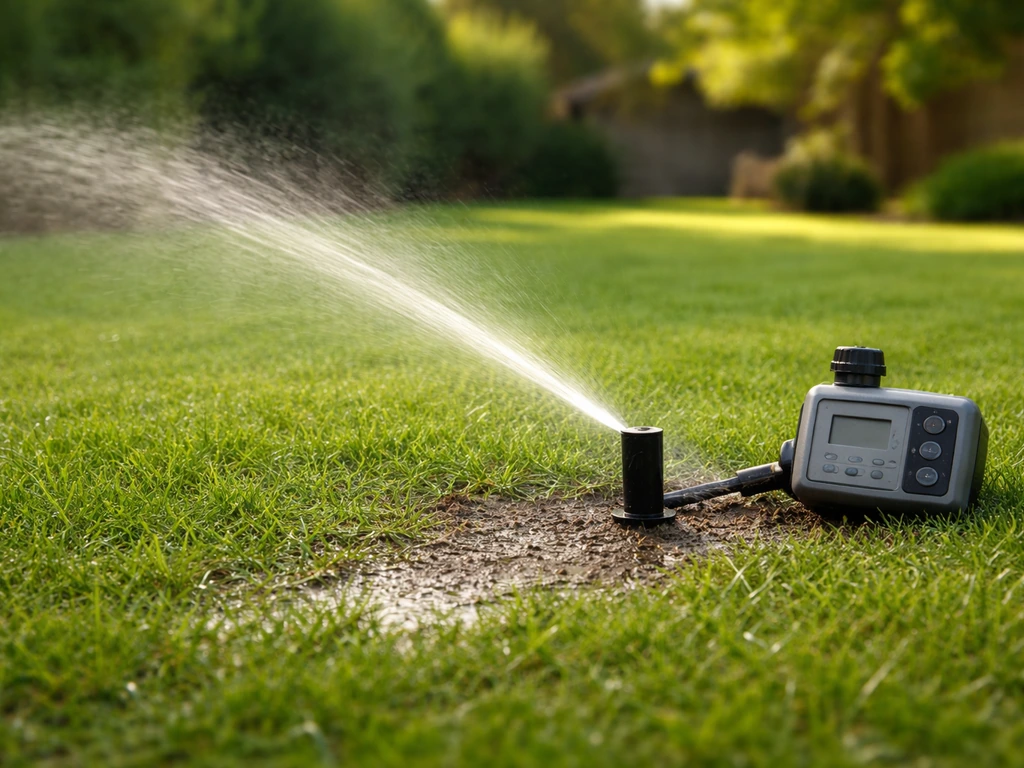 Arrosage d’un gazon : arroseur et programmateur avec sol humidifié visible près de la surface