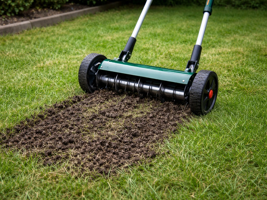 Scarificateur en action sur une pelouse, la terre se décompacte et se soulève entre les brins d’herbe.