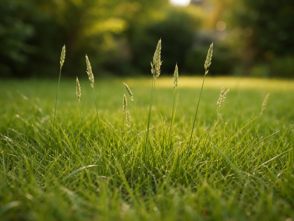 Gros plan sur un gazon montrant des épis avec graines au-dessus du feuillage, lumière naturelle.