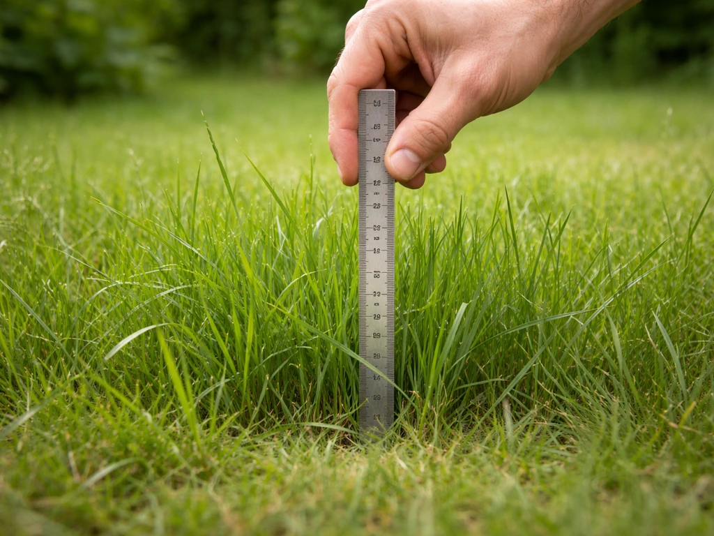 Main anonyme mesurant la hauteur d’un gazon avec une règle, herbe visiblement trop haute.