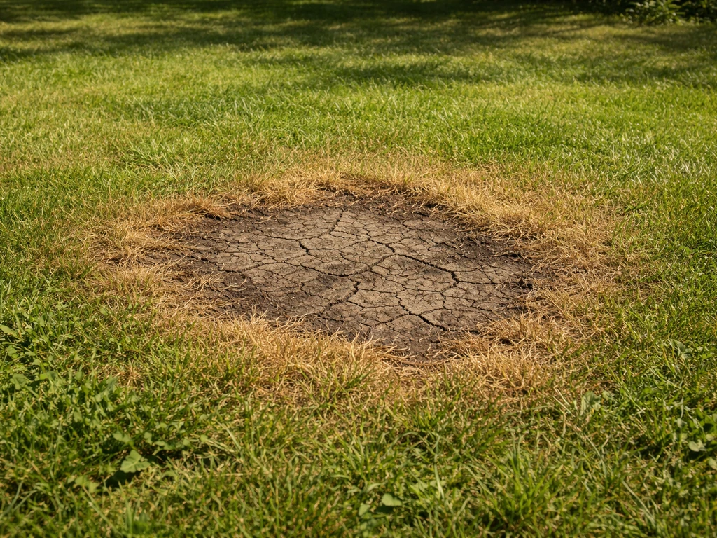 Pelouse jaunie et sol craquelé autour d’une petite zone brûlée, en pleine chaleur d’été.