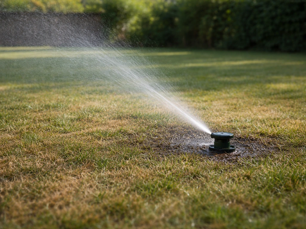 Arroseur de jardin projetant un jet sur une pelouse abîmée, arrosage profond sans ruissellement.